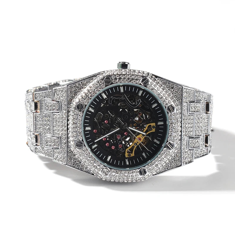Hip Hop Bling Iced Out Stainless Steel Luminous Watch Date Quartz Wrist Waterproof Watches  for Men Rapper Jewelry Gift
