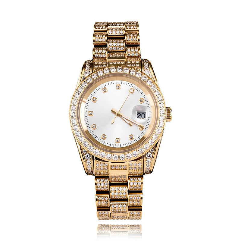 Hip Hop Bling Iced Out Stainless Steel Luminous Watch Date Quartz Wrist Waterproof Watches  for Men Rapper Jewelry Gift