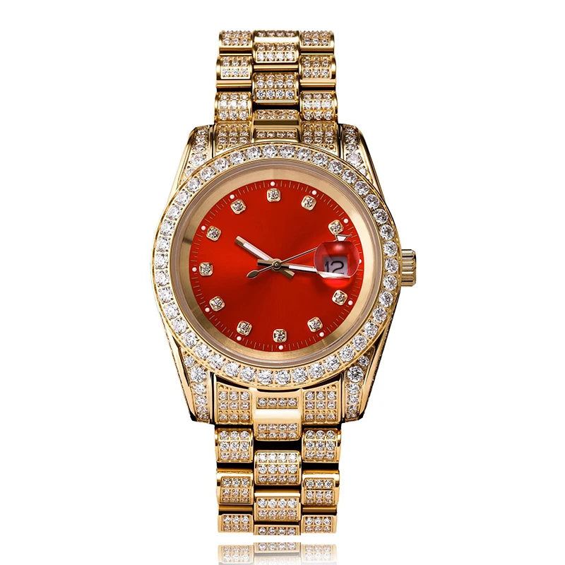Hip Hop Mens Date Quartz Watch Waterproof Watches CZ Stone Paved Bling Iced Out Stainless Steel Watch for Men Charm Jewelry