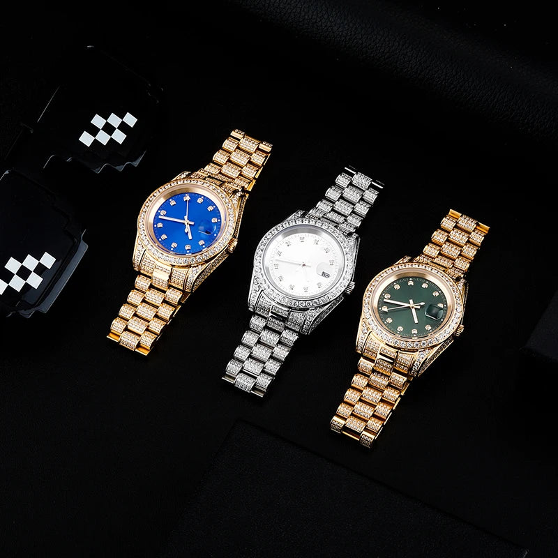 Hip Hop Mens Date Quartz Watch Waterproof Watches CZ Stone Paved Bling Iced Out Stainless Steel Watch for Men Charm Jewelry