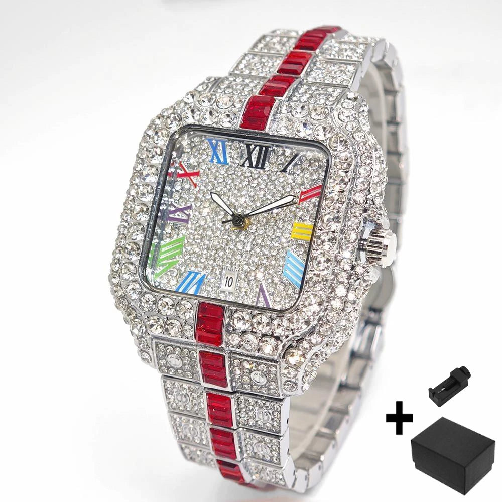 2025 Luxury Brand Men Quartz Watch Fashion Rainbow Digital Rome Dial Calendar Waterproof Hip Hop Diamond Wristwatch For Man Gift