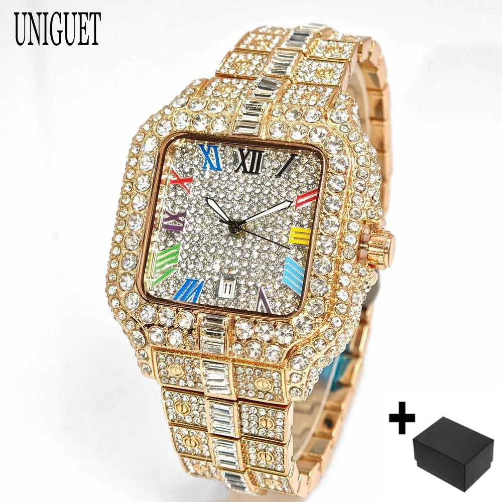 Luxury Ice Out Watch For Man Fashion Roman Literal AAA Watch Hip Hop Diamond Square Wrist Watch Men Gift 2025 Hot Sale