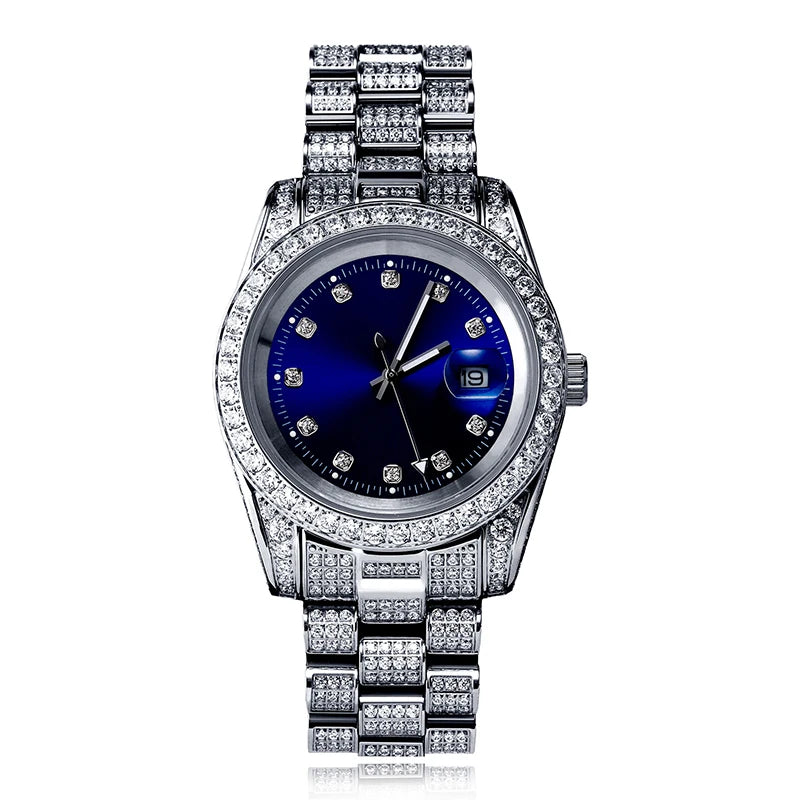 Hip Hop Bling Iced Out Stainless Steel Luminous Watch Date Quartz Wrist Waterproof Watches  for Men Rapper Jewelry Gift