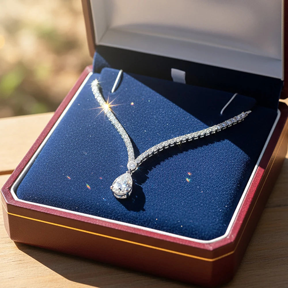 6Carat Pear Cut Full Moissanite Tennis Necklace for Women V-shape 3mm Round Cut Diamond S925 Silver WaterDrop Riviera Necklaces