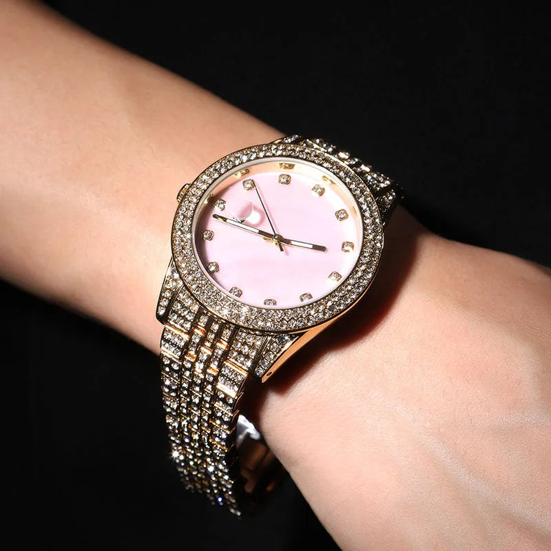 Hip Hop Bling Iced Out Quartz Waterproof Watches for Men Charm Jewelry Rose Gold Silver Color