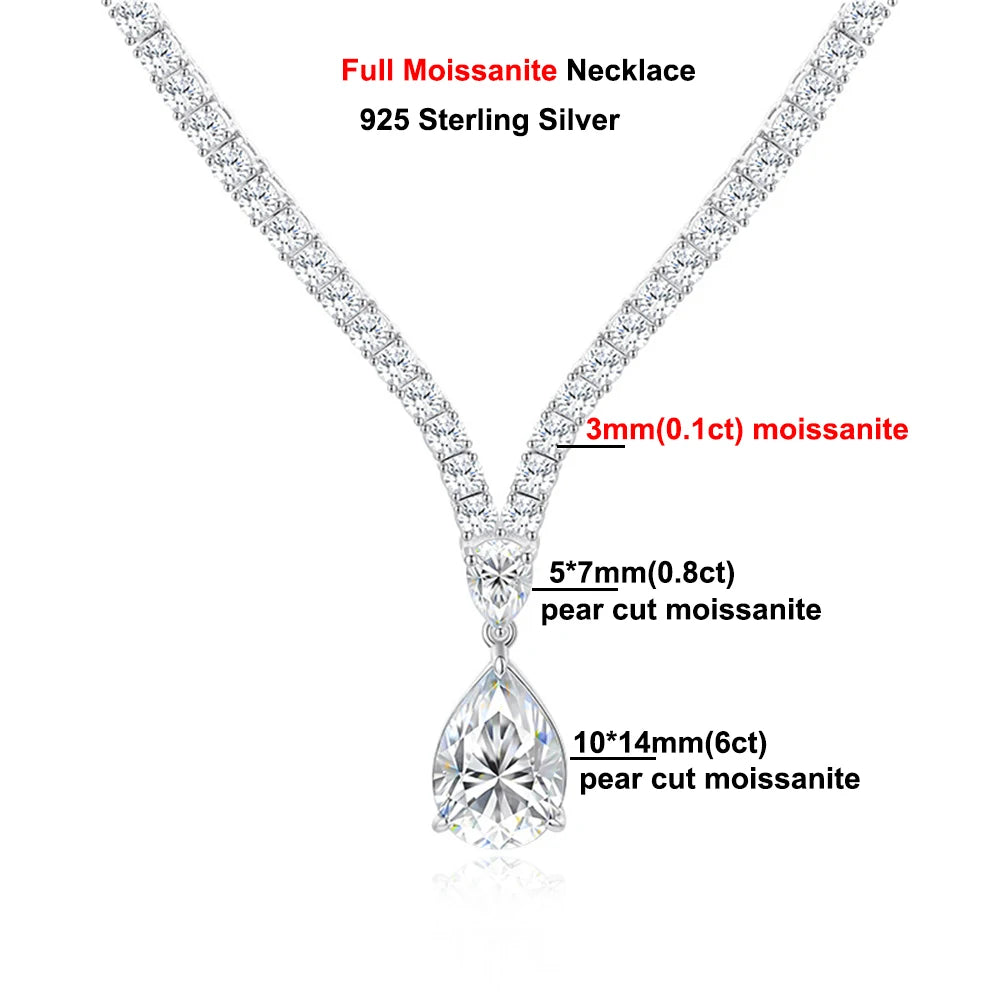 6Carat Pear Cut Full Moissanite Tennis Necklace for Women V-shape 3mm Round Cut Diamond S925 Silver WaterDrop Riviera Necklaces