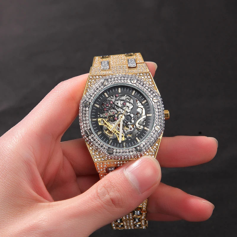 Hip Hop Bling Iced Out Stainless Steel Luminous Watch Date Quartz Wrist Waterproof Watches  for Men Rapper Jewelry Gift