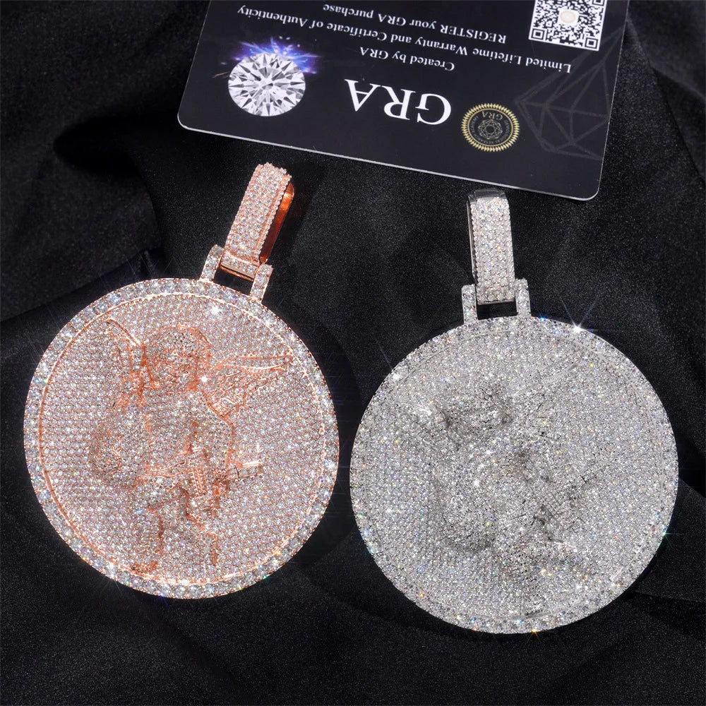 2.5 inch disc angel hip hop pendant 925 silver moissanite pendant can wear 10mm chain (without chain)