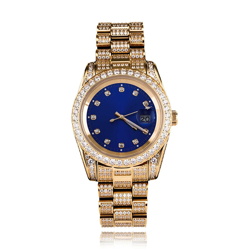 Hip Hop Mens Date Quartz Watch Waterproof Watches CZ Stone Paved Bling Iced Out Stainless Steel Watch for Men Charm Jewelry