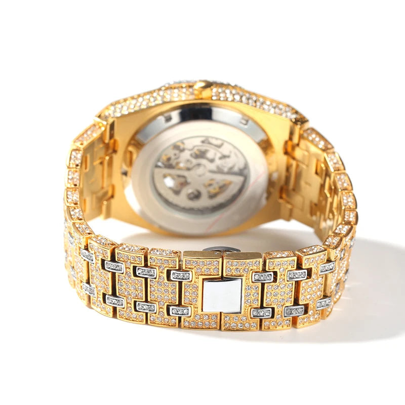 Hip Hop Bling Iced Out Stainless Steel Luminous Watch Date Quartz Wrist Waterproof Watches  for Men Rapper Jewelry Gift