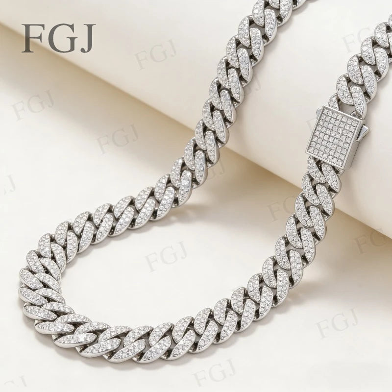 925 Sterling Silver Moissanite Cuban Chain White & Yellow Gold Plated Full Chain Sparkle Fine Necklace For Wedding Gifts