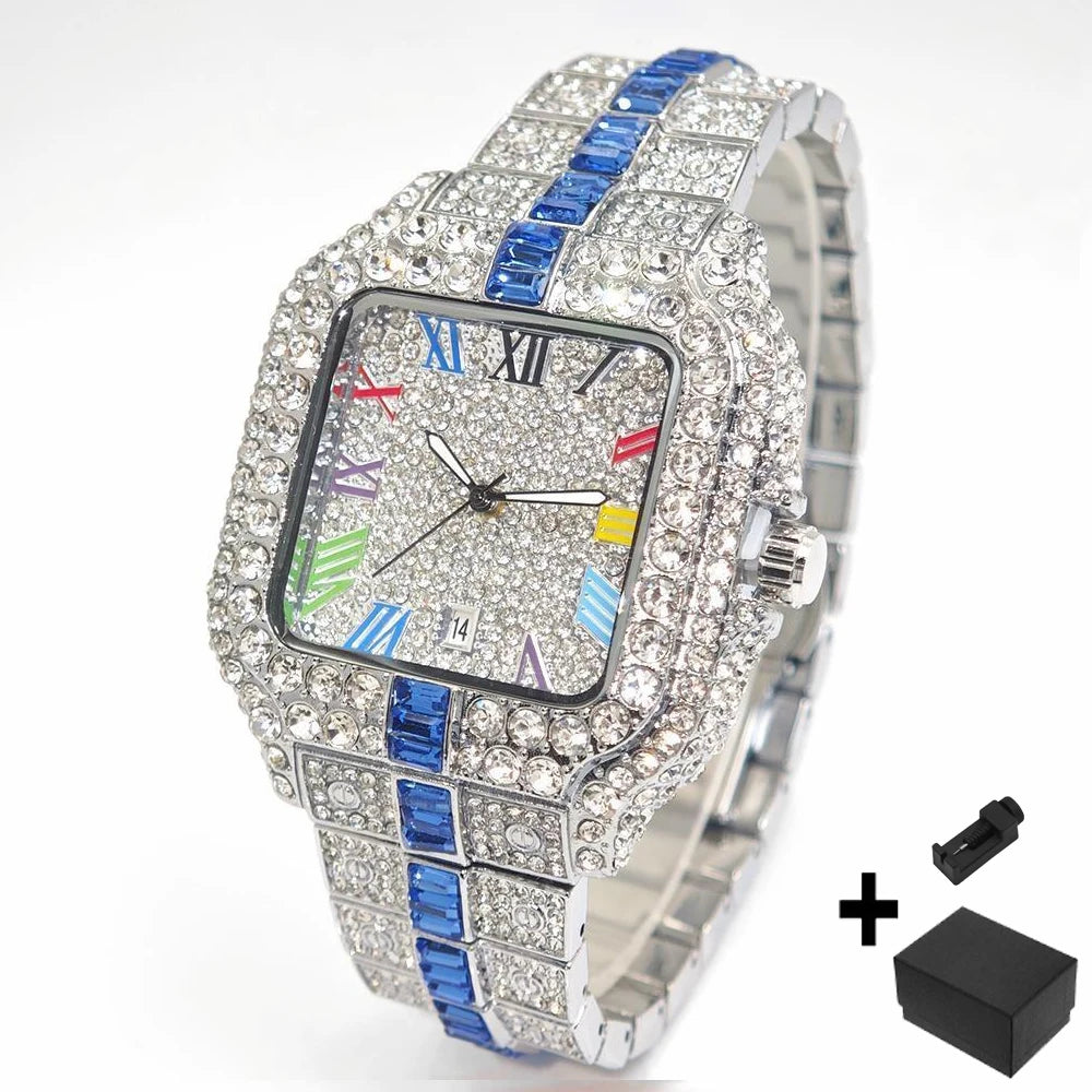 2025 Luxury Brand Men Quartz Watch Fashion Rainbow Digital Rome Dial Calendar Waterproof Hip Hop Diamond Wristwatch For Man Gift
