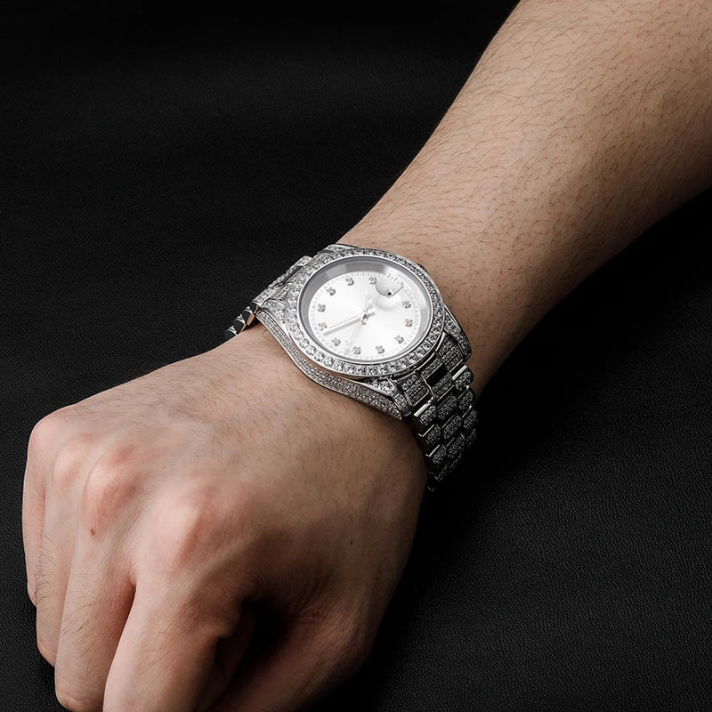Hip Hop Bling Iced Out Stainless Steel Luminous Watch Date Quartz Wrist Waterproof Watches  for Men Rapper Jewelry Gift