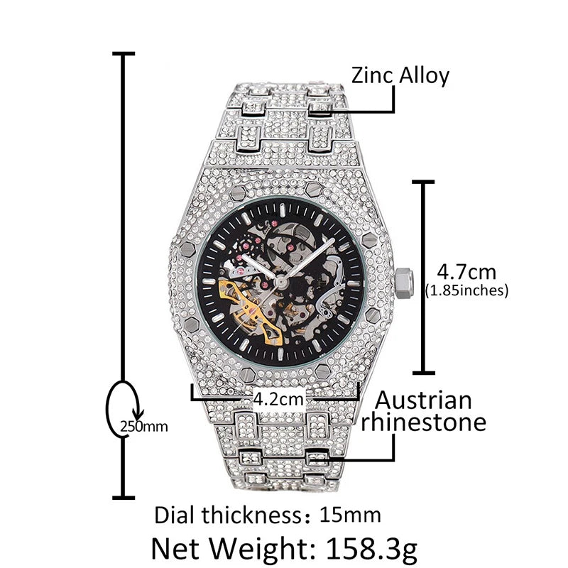 Hip Hop Bling Iced Out Stainless Steel Luminous Watch Date Quartz Wrist Waterproof Watches  for Men Rapper Jewelry Gift