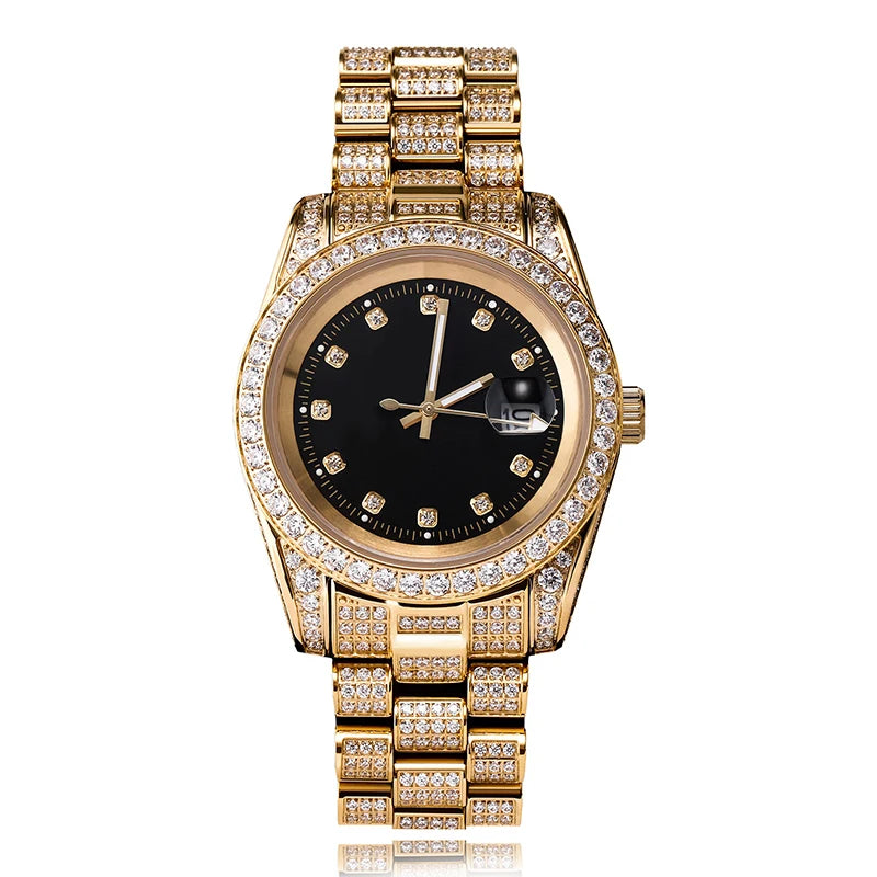 Hip Hop Bling Iced Out Stainless Steel Luminous Watch Date Quartz Wrist Waterproof Watches  for Men Rapper Jewelry Gift