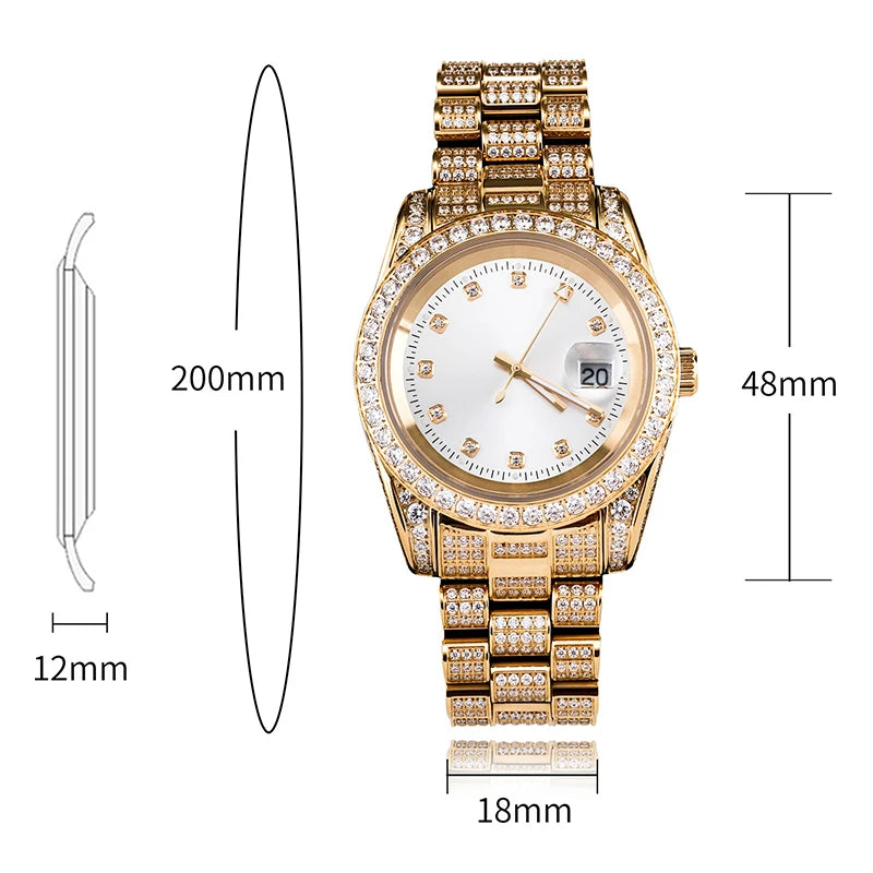 Hip Hop Mens Date Quartz Watch Waterproof Watches CZ Stone Paved Bling Iced Out Stainless Steel Watch for Men Charm Jewelry