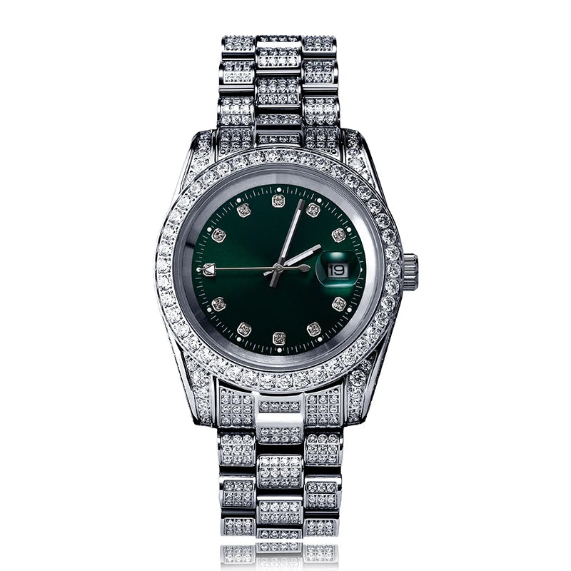 Hip Hop Bling Iced Out Stainless Steel Luminous Watch Date Quartz Wrist Waterproof Watches  for Men Rapper Jewelry Gift