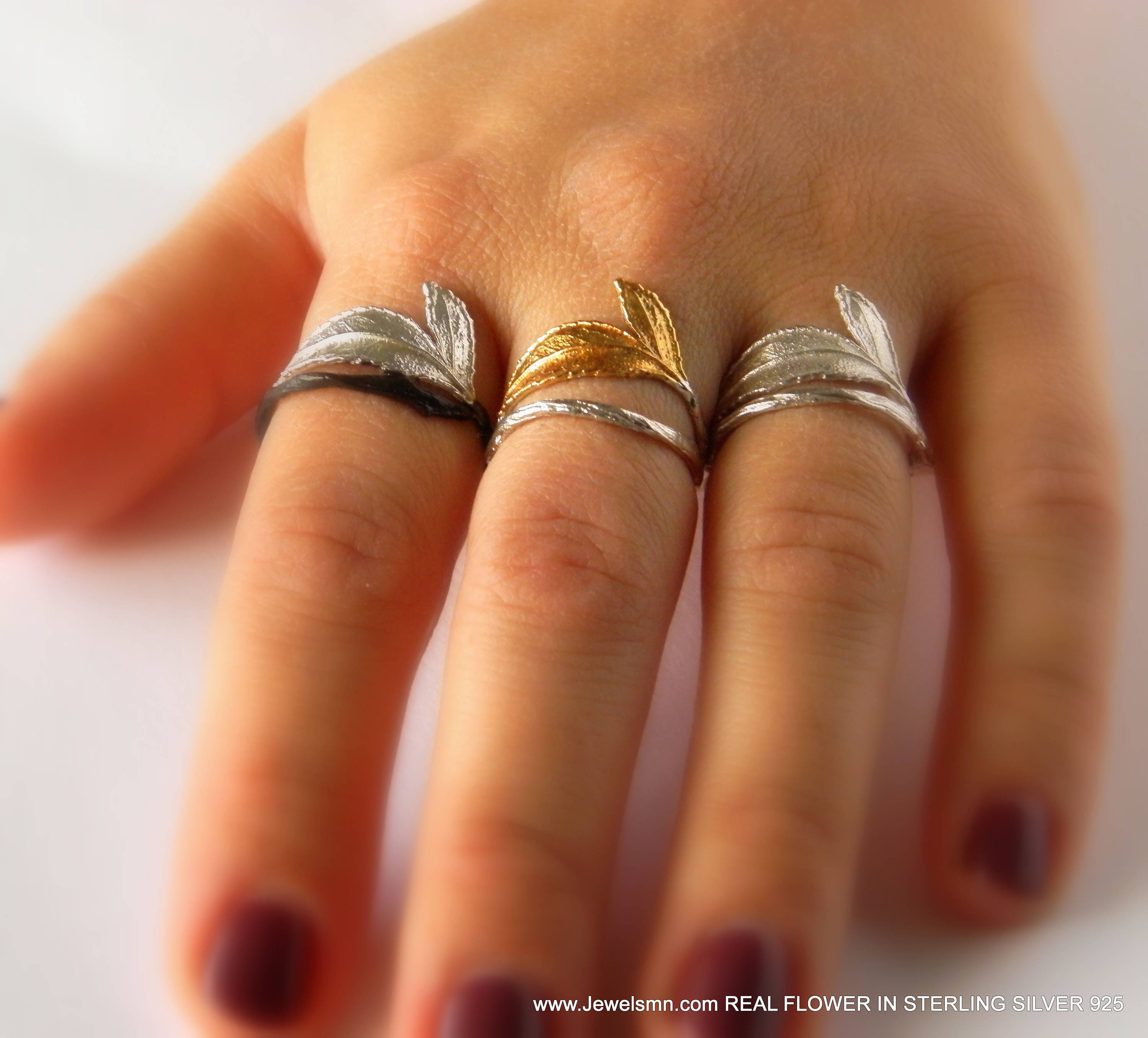 Gold & Silver Rose Leaf Ring, Gold-Plated Sterling Silver Jewelry, Gold Branch Band, Birthday Gift for Her, Handmade Jewelry for Women