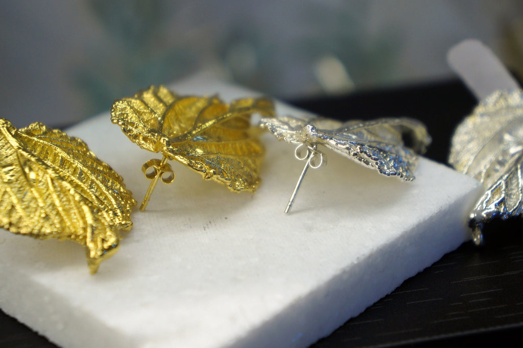 Mulberry Leaf Earrings - Real Leaves Coated in Gold and Silver