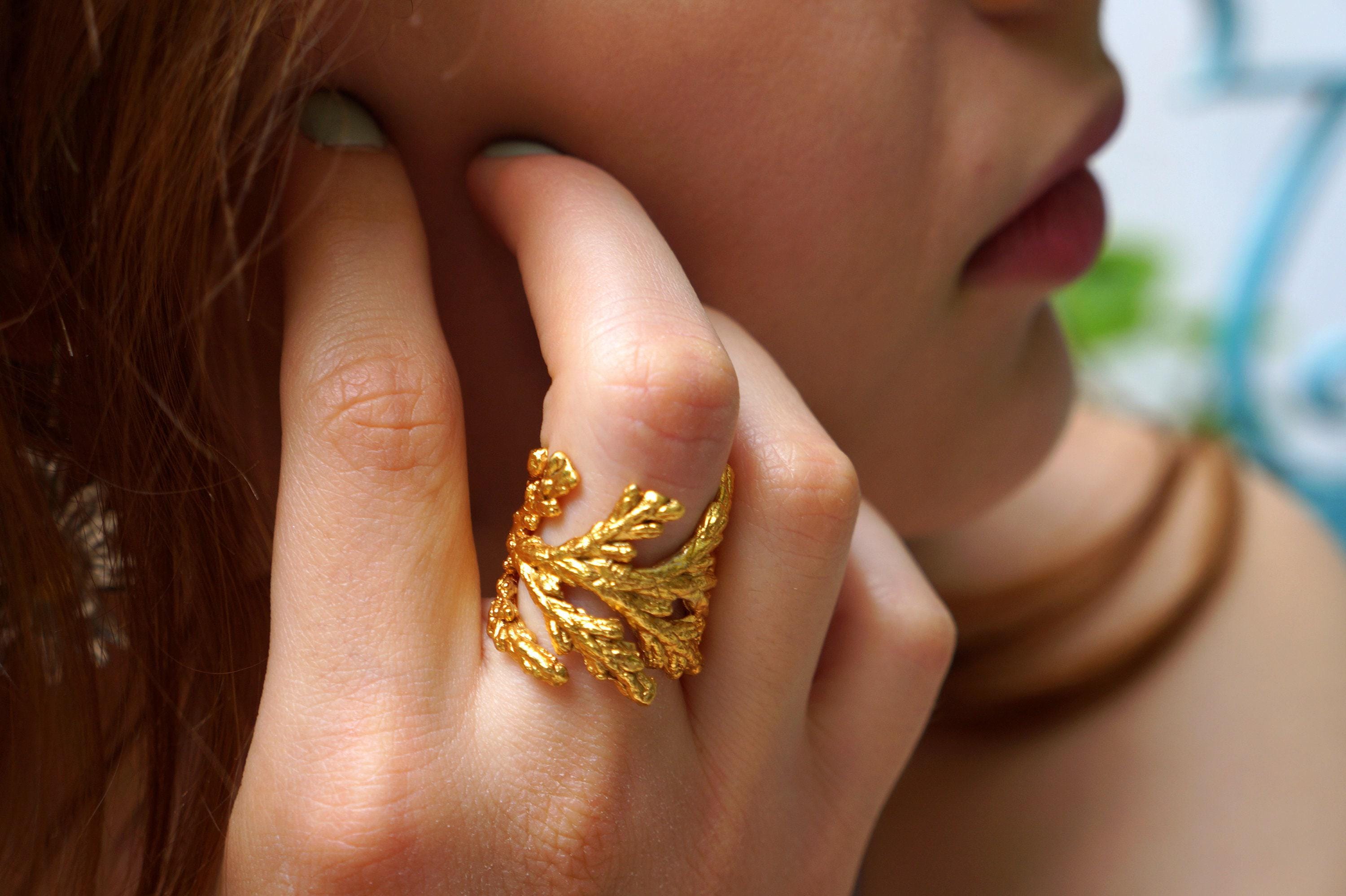Gold Cypress Ring, 14K Gold-Plated Sterling Silver Band, Leaf Ring, Birthday Gift for Women, Gold and Silver Jewelry, Handmade Gift for Her