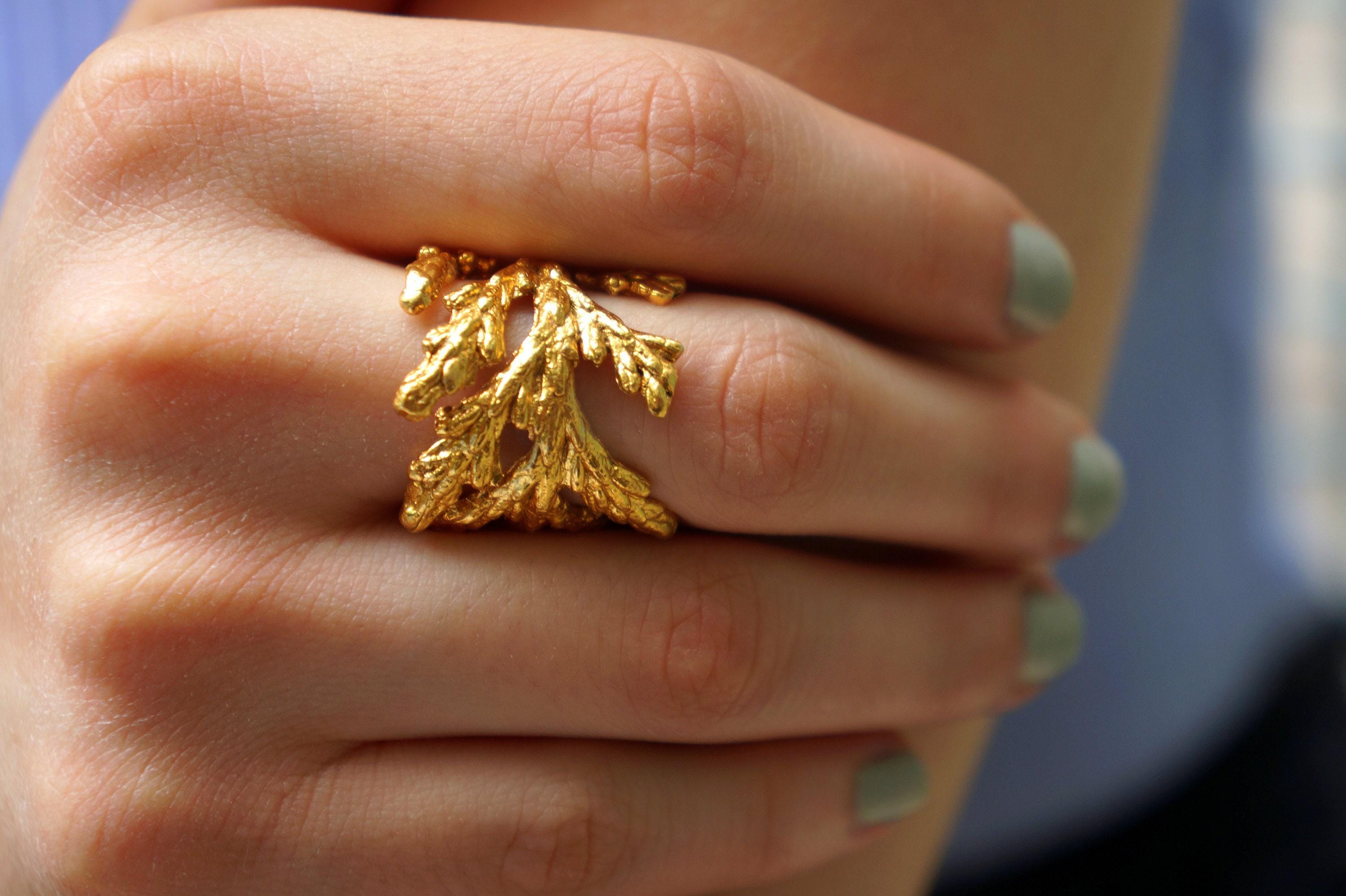 Gold Cypress Ring, 14K Gold-Plated Sterling Silver Band, Leaf Ring, Birthday Gift for Women, Gold and Silver Jewelry, Handmade Gift for Her