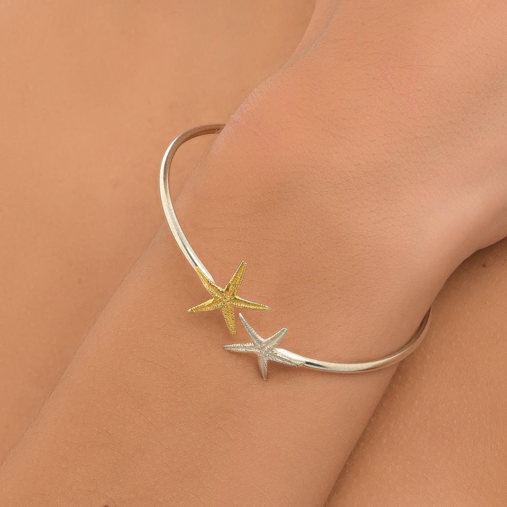Gold Starfish Bracelet, Two-Tone Silver and Gold, Nature Inspired Jewelry Gift for Women